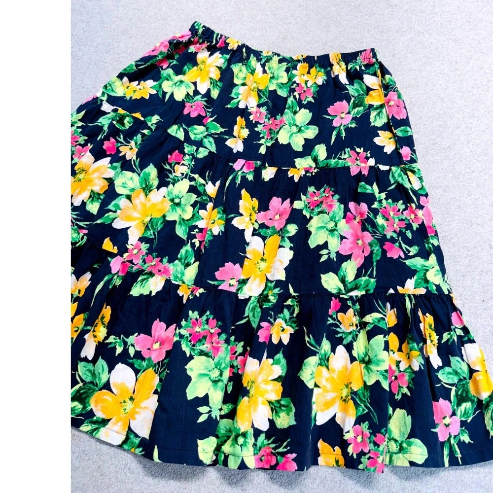 Old Navy Tiered Skirt Girls XL 14-16 Navy Blue Floral Boho Ruffle Knee Length